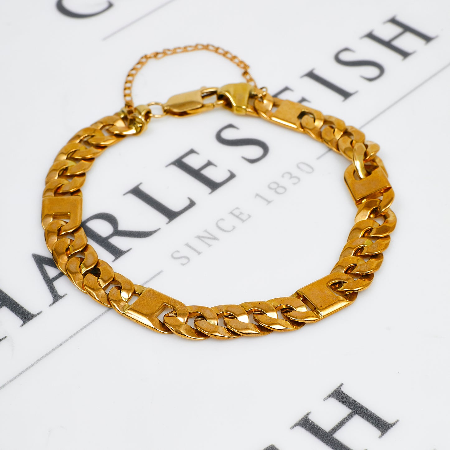 Pre-Owned 9ct Gold Curb & Square Link Bracelet & Safety Chain
