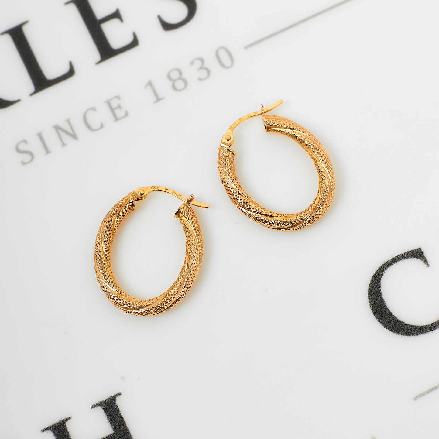 Pre-Owned 9ct Gold Guilloche Pattern Creole Earrings