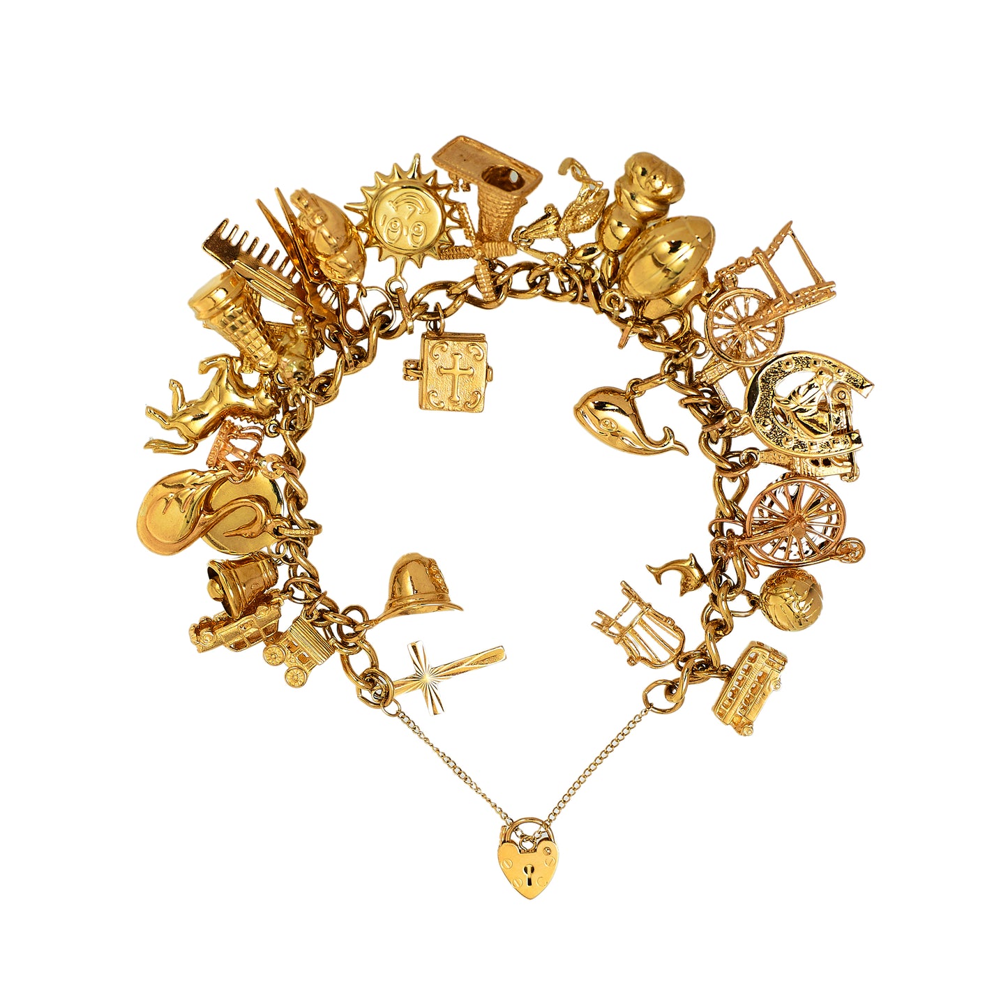 Pre-Owned 9ct Gold 31 Charm Bracelet & Heart Padlock 7 Inch