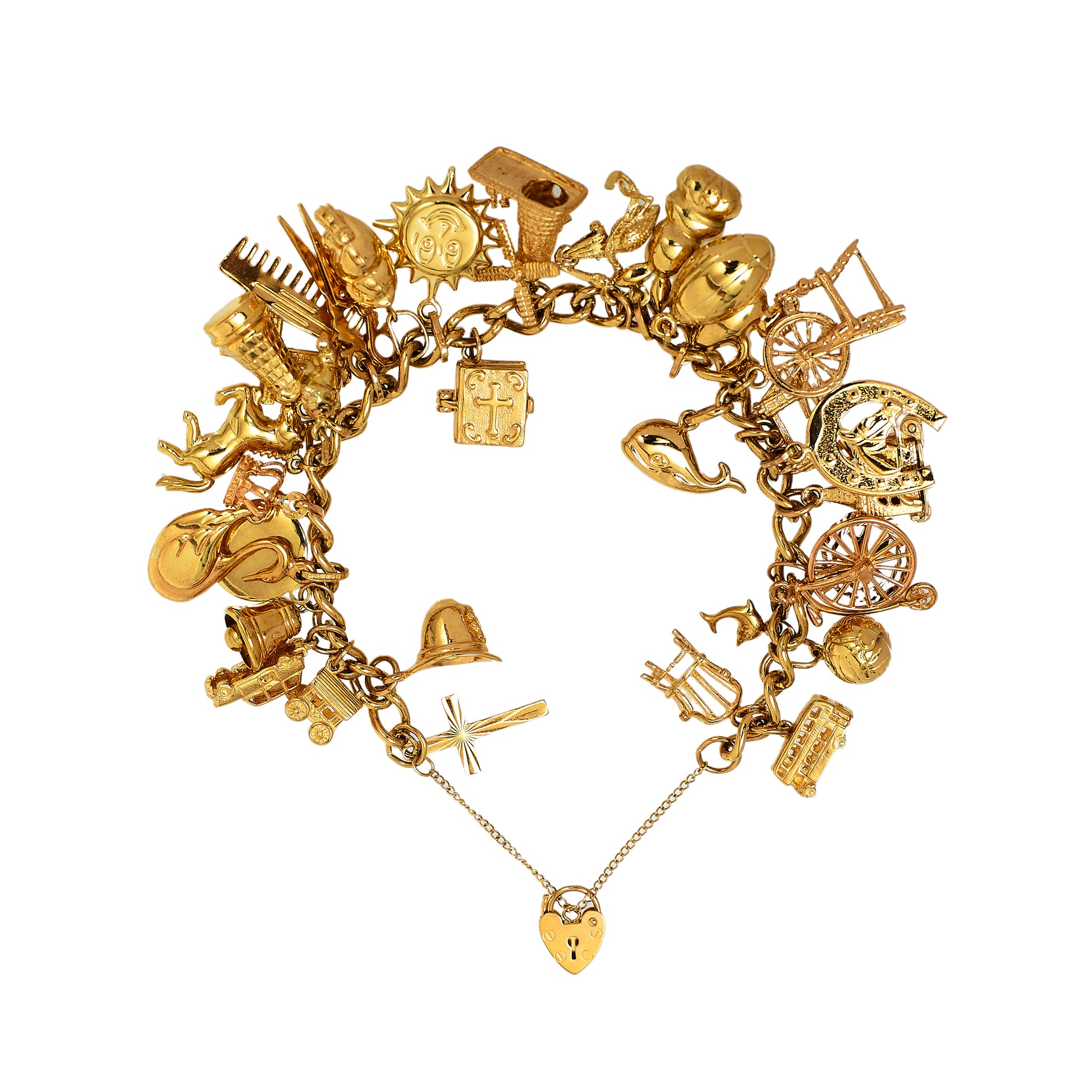 Pre-Owned 9ct Gold 31 Charm Bracelet & Heart Padlock 7 Inch