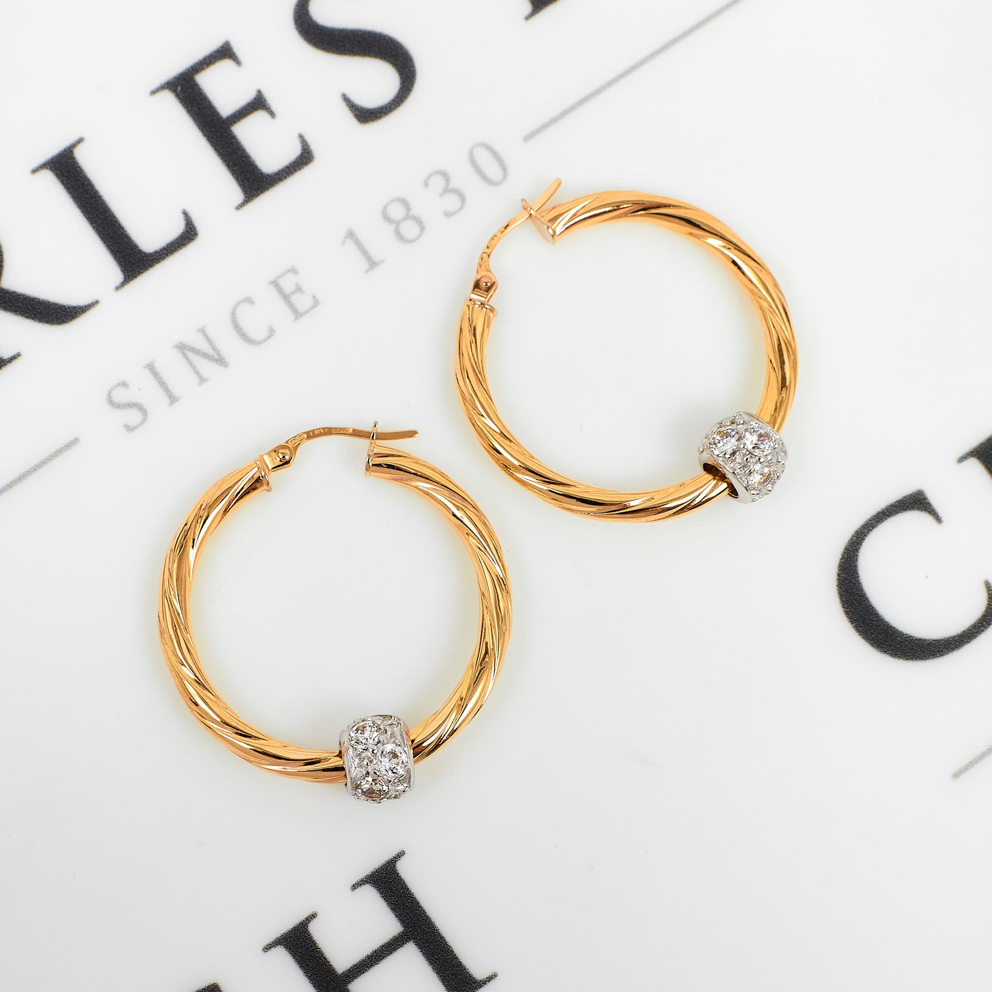 Pre-Owned 9ct Gold CZ Bead & Twist Design Creole Earrings