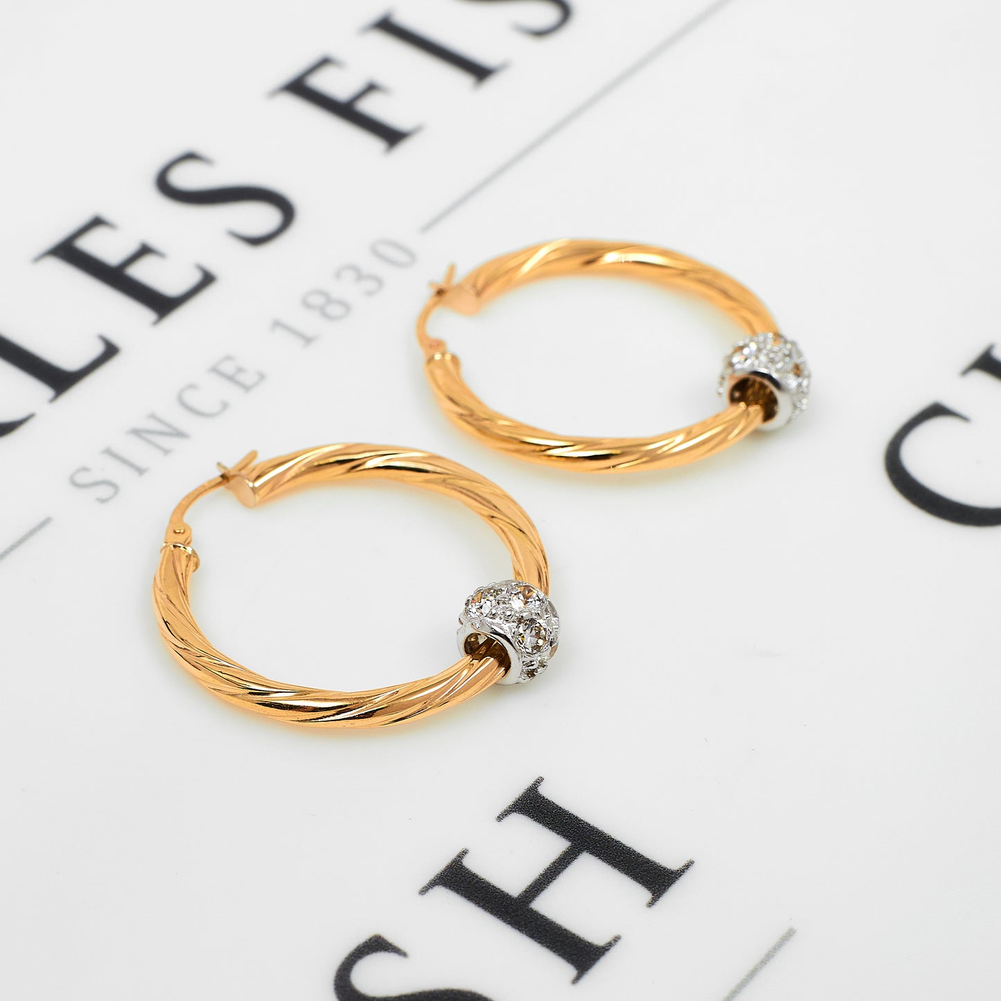 Pre-Owned 9ct Gold CZ Bead & Twist Design Creole Earrings