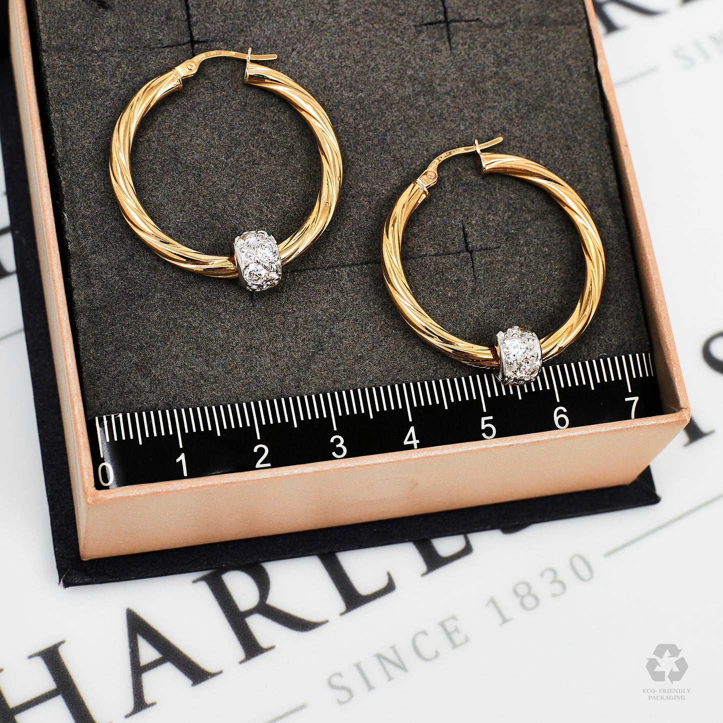 Pre-Owned 9ct Gold CZ Bead & Twist Design Creole Earrings