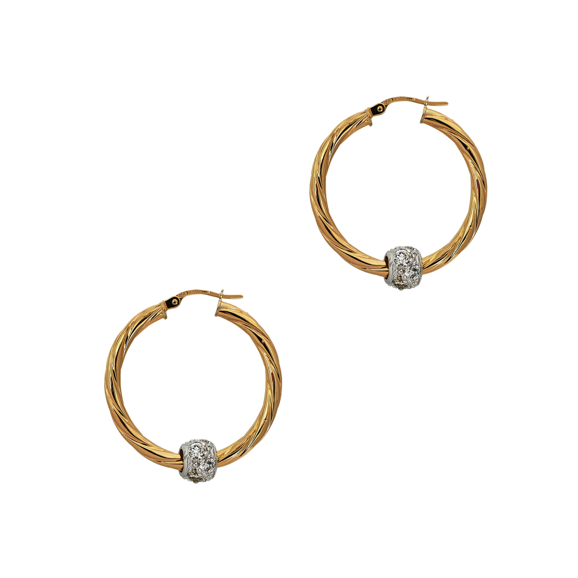 Pre-Owned 9ct Gold CZ Bead & Twist Design Creole Earrings
