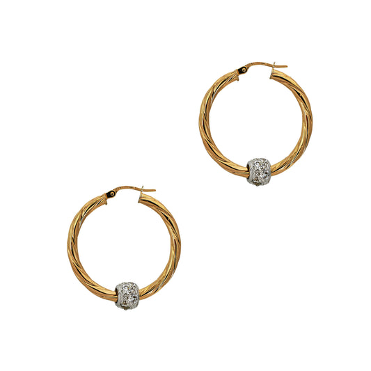 Pre-Owned 9ct Gold CZ Bead & Twist Design Creole Earrings