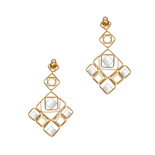 Pre-Owned18ct Gold 2 Tone Modernist Rhombus Drop Earrings