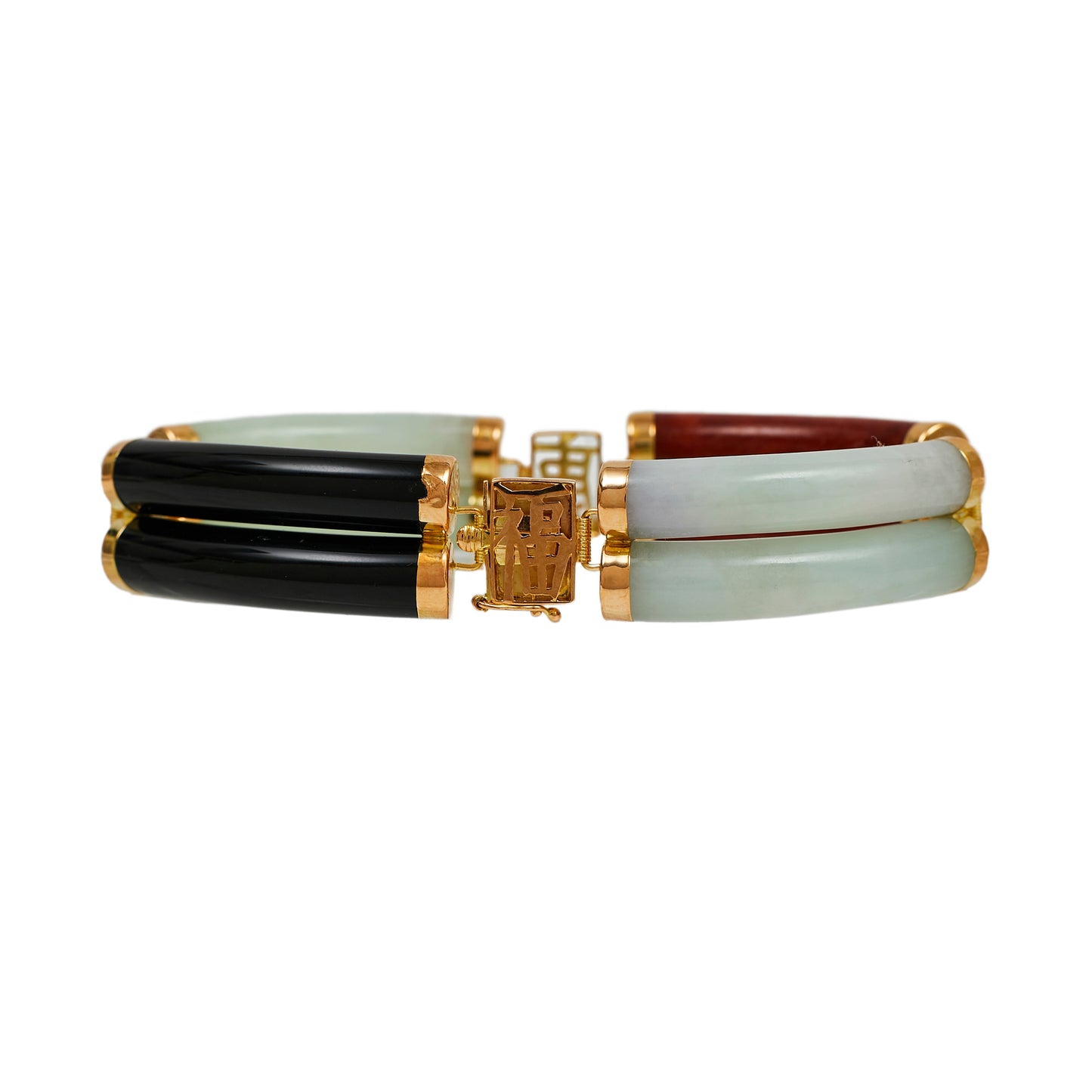 Pre-Owned 14ct Gold Onyx & 2 Colour Jade Chinese Bracelet