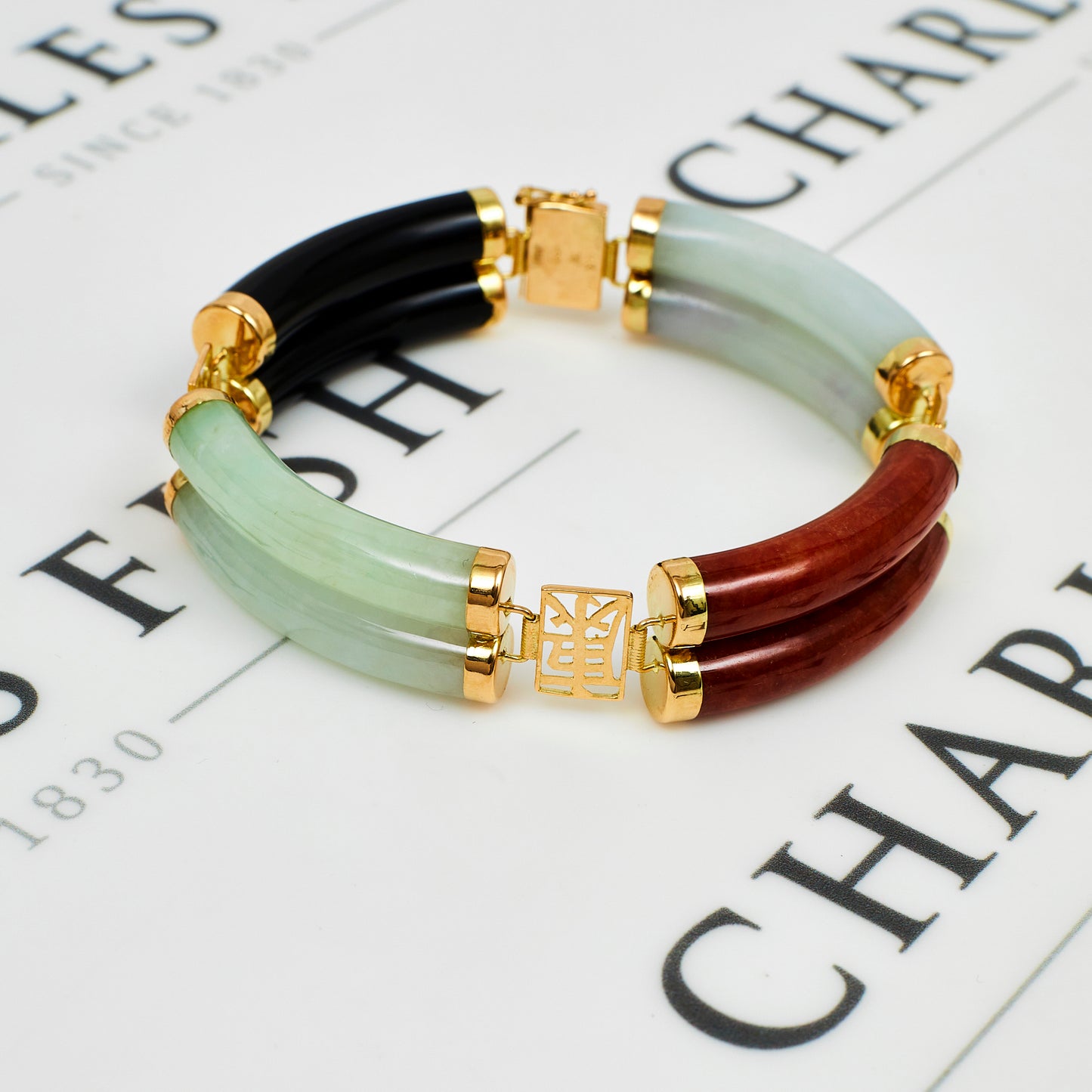 Pre-Owned 14ct Gold Onyx & 2 Colour Jade Chinese Bracelet