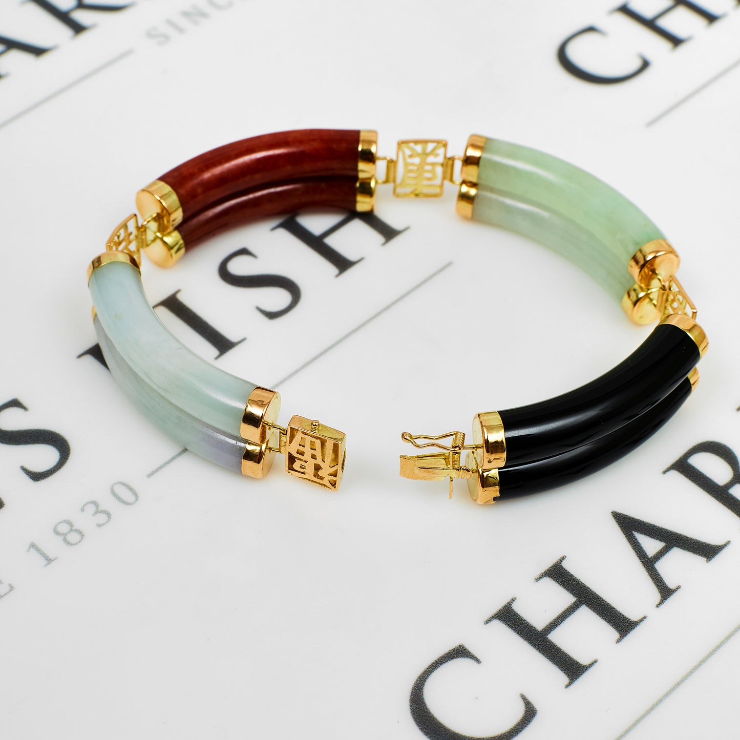 Pre-Owned 14ct Gold Onyx & 2 Colour Jade Chinese Bracelet