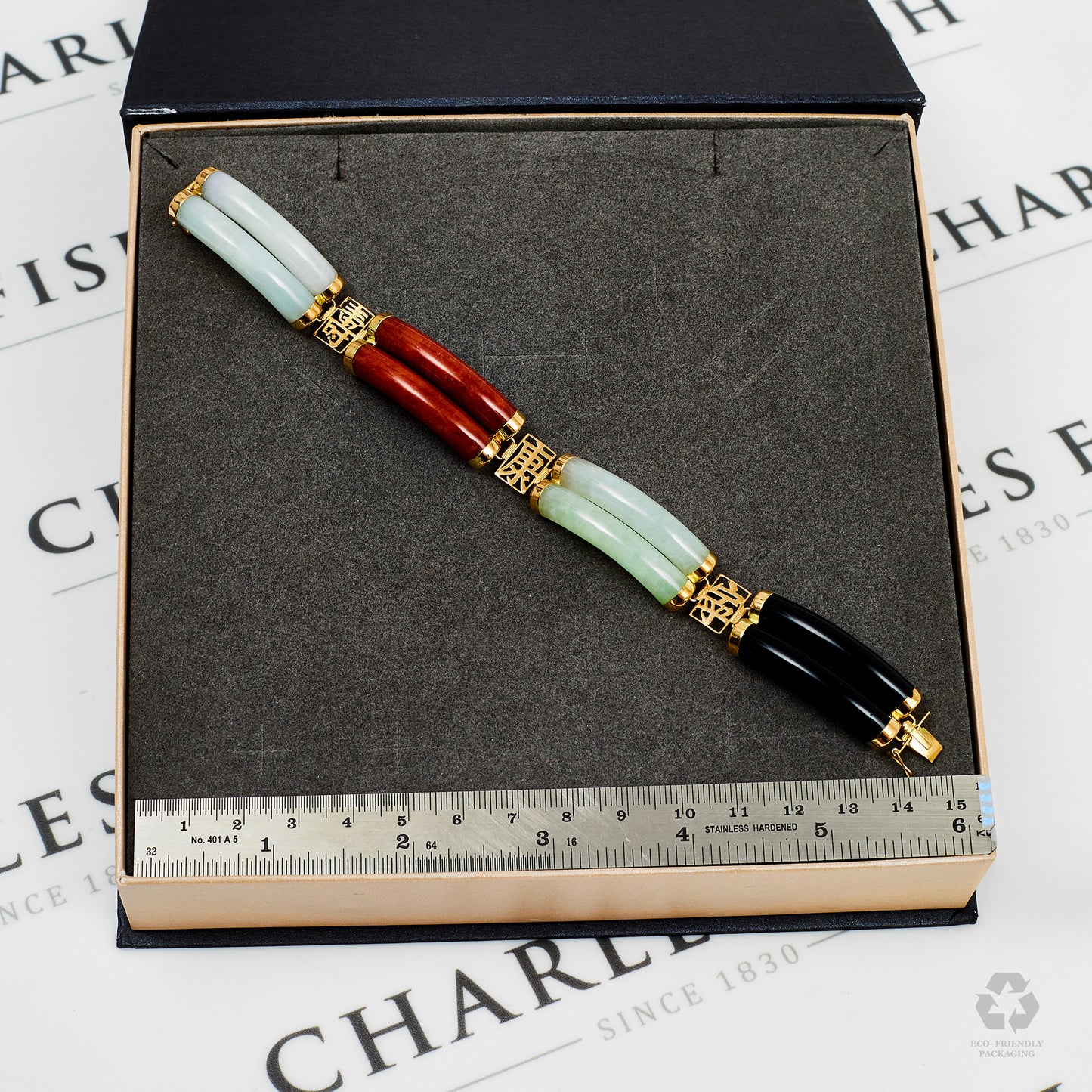 Pre-Owned 14ct Gold Onyx & 2 Colour Jade Chinese Bracelet
