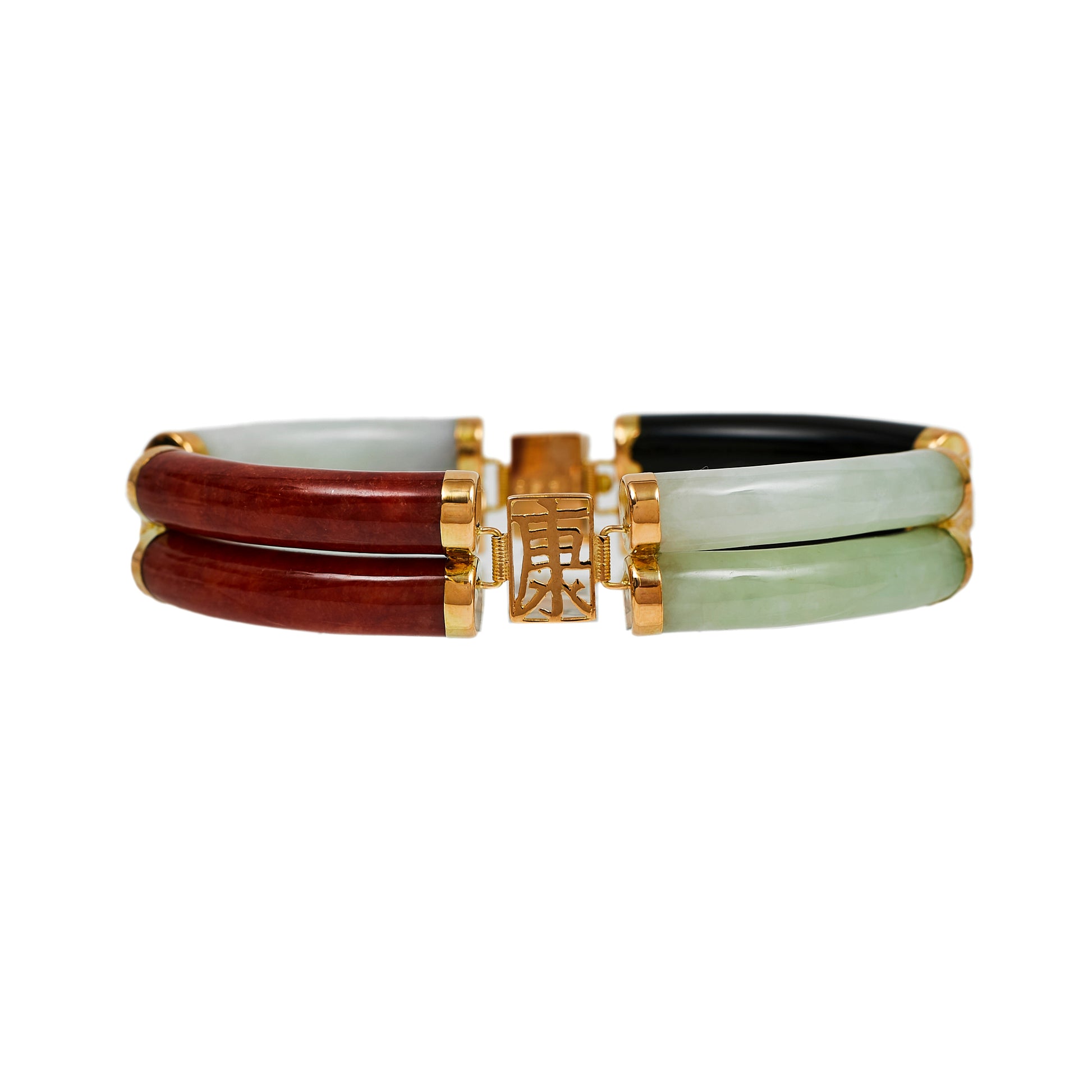 Pre-Owned 14ct Gold Onyx & 2 Colour Jade Chinese Bracelet