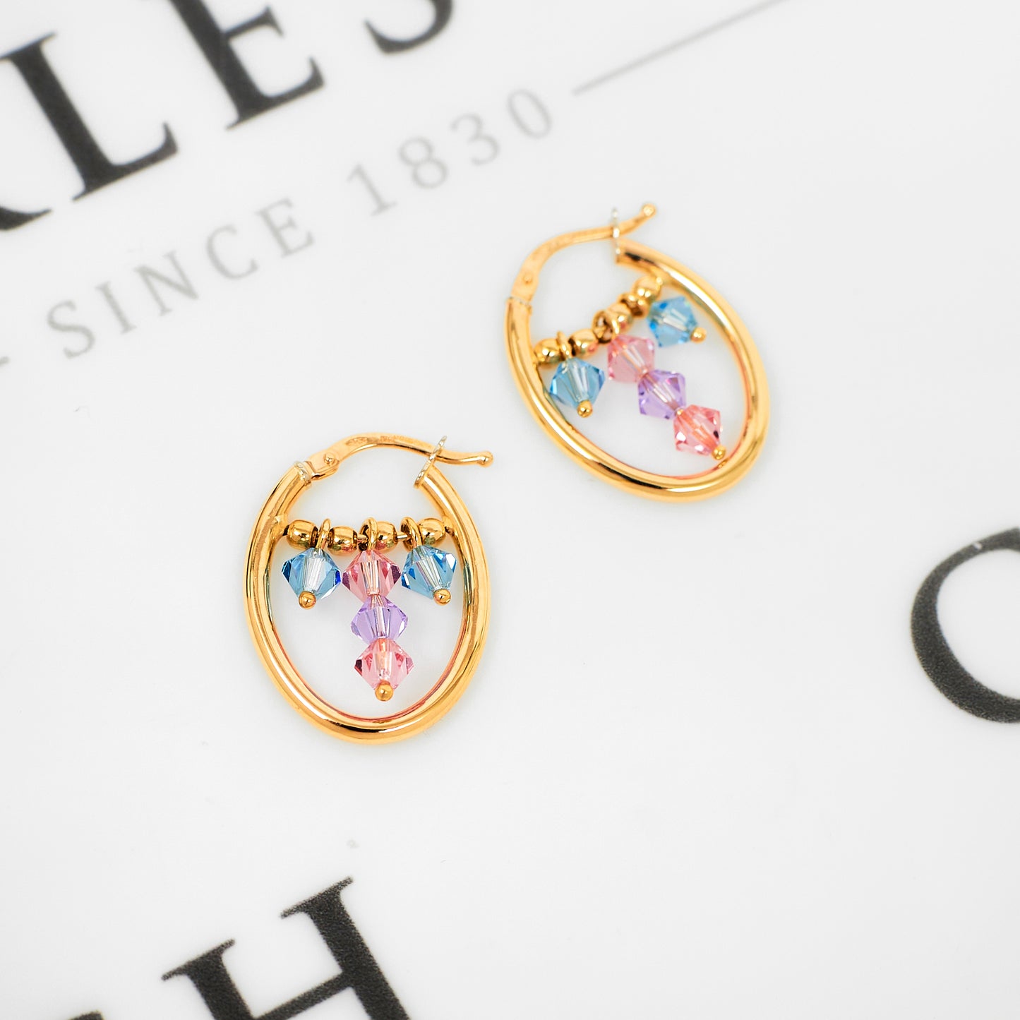 Pre-Owned 9ct Gold Pink & Blue Bead Creole Earrings
