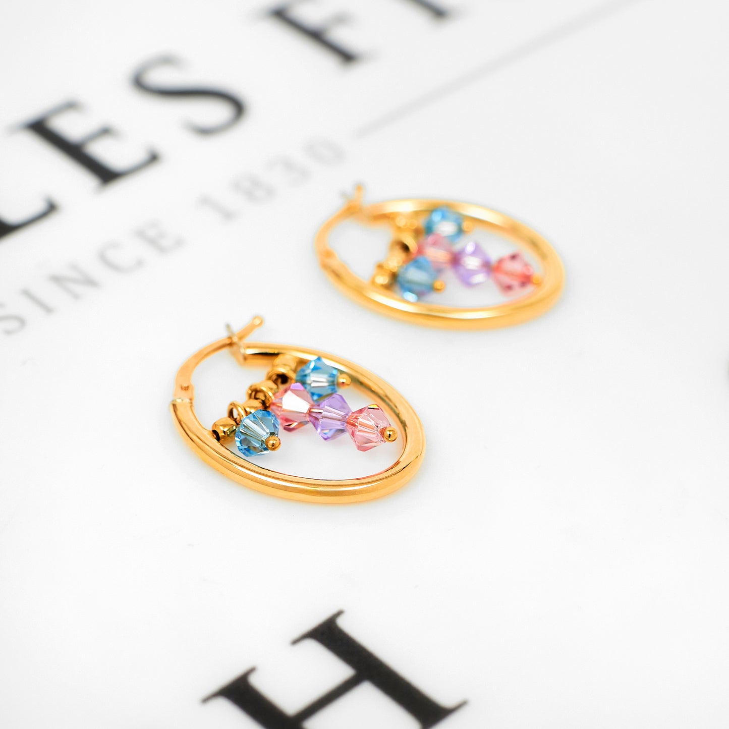 Pre-Owned 9ct Gold Pink & Blue Bead Creole Earrings