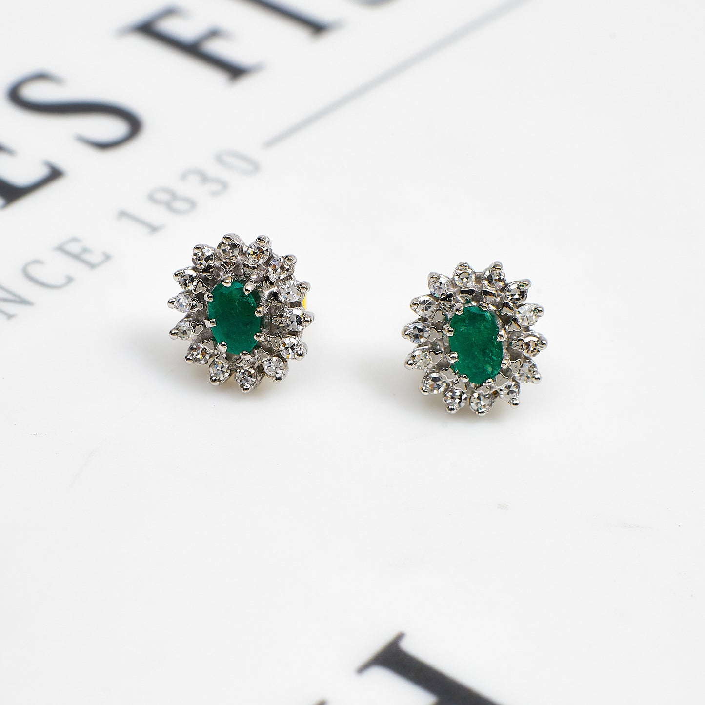 Pre-Owned 18ct White Gold Emerald & Diamond Stud Earrings