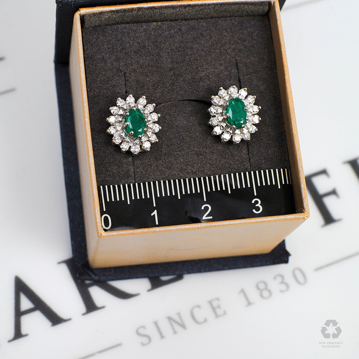 Pre-Owned 18ct White Gold Emerald & Diamond Stud Earrings