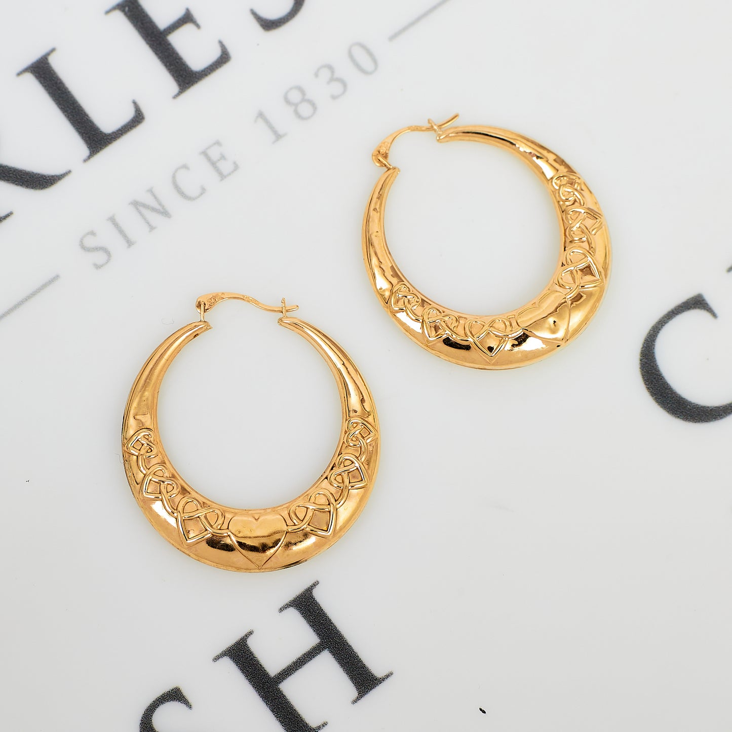 Pre-Owned 9ct Gold Hollow Heart Pattern Creole Hoop Earrings