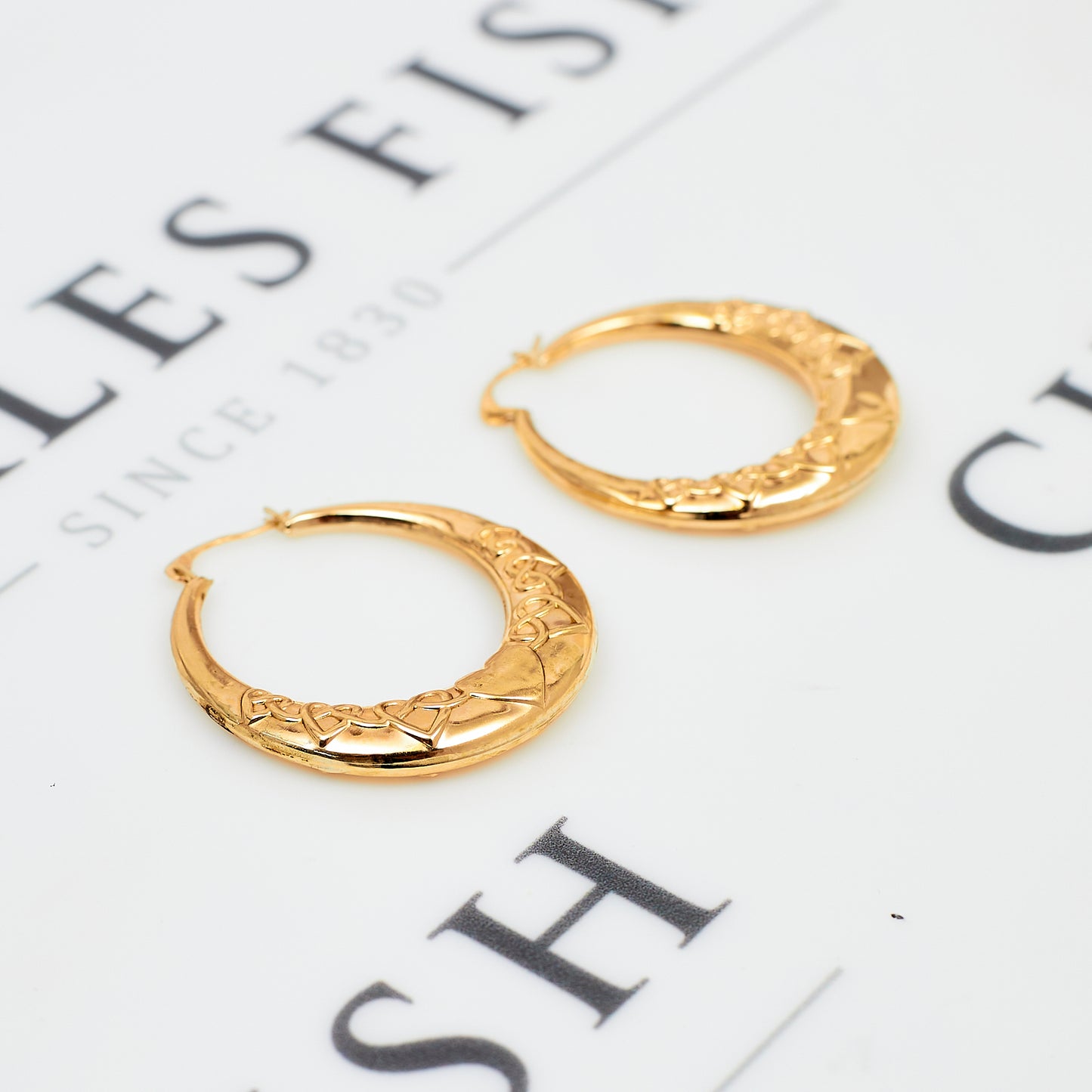 Pre-Owned 9ct Gold Hollow Heart Pattern Creole Hoop Earrings