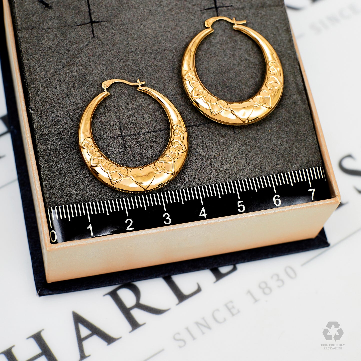 Pre-Owned 9ct Gold Hollow Heart Pattern Creole Hoop Earrings