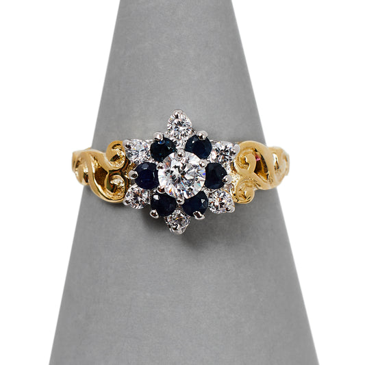 Pre-Owned 9ct Gold Sapphire & CZ Cluster Ring - Size O