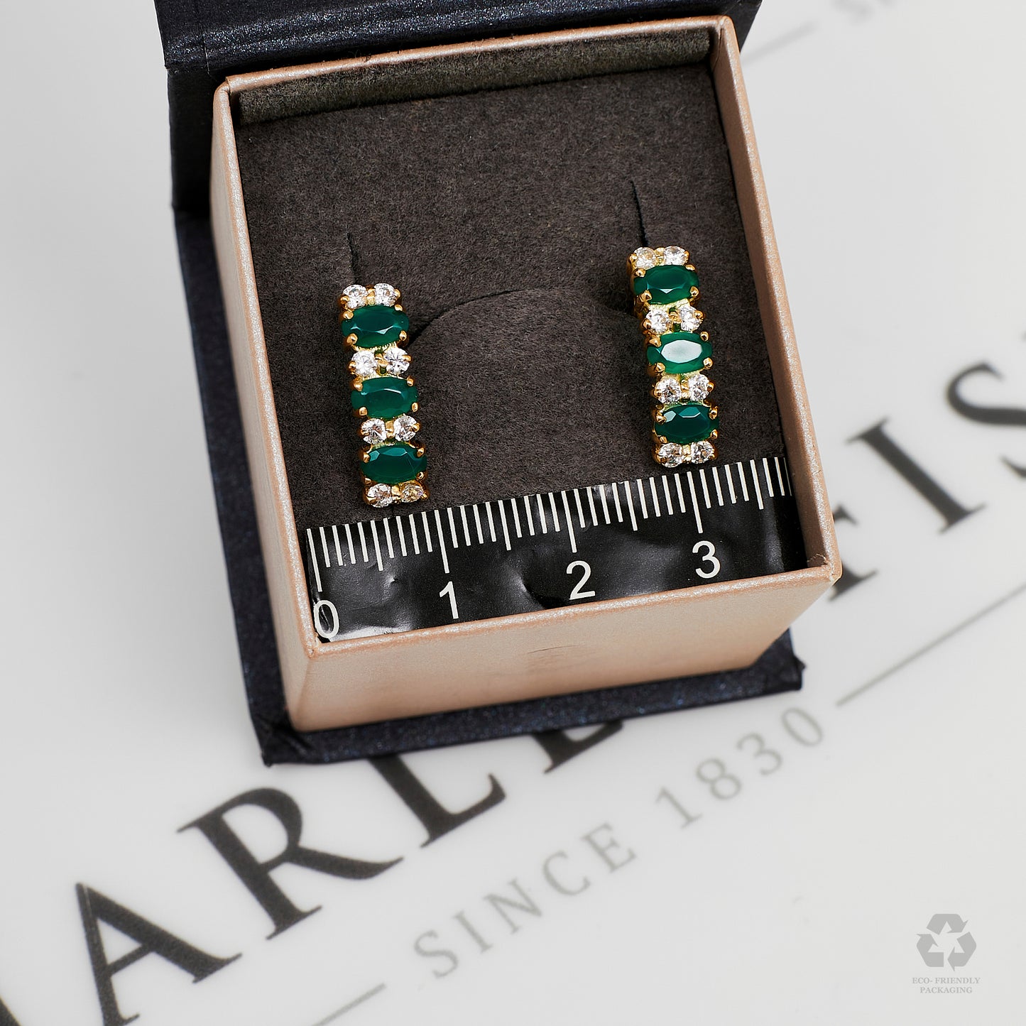 Pre-Owned 18ct Gold Green Agate & CZ Hinged Earrings