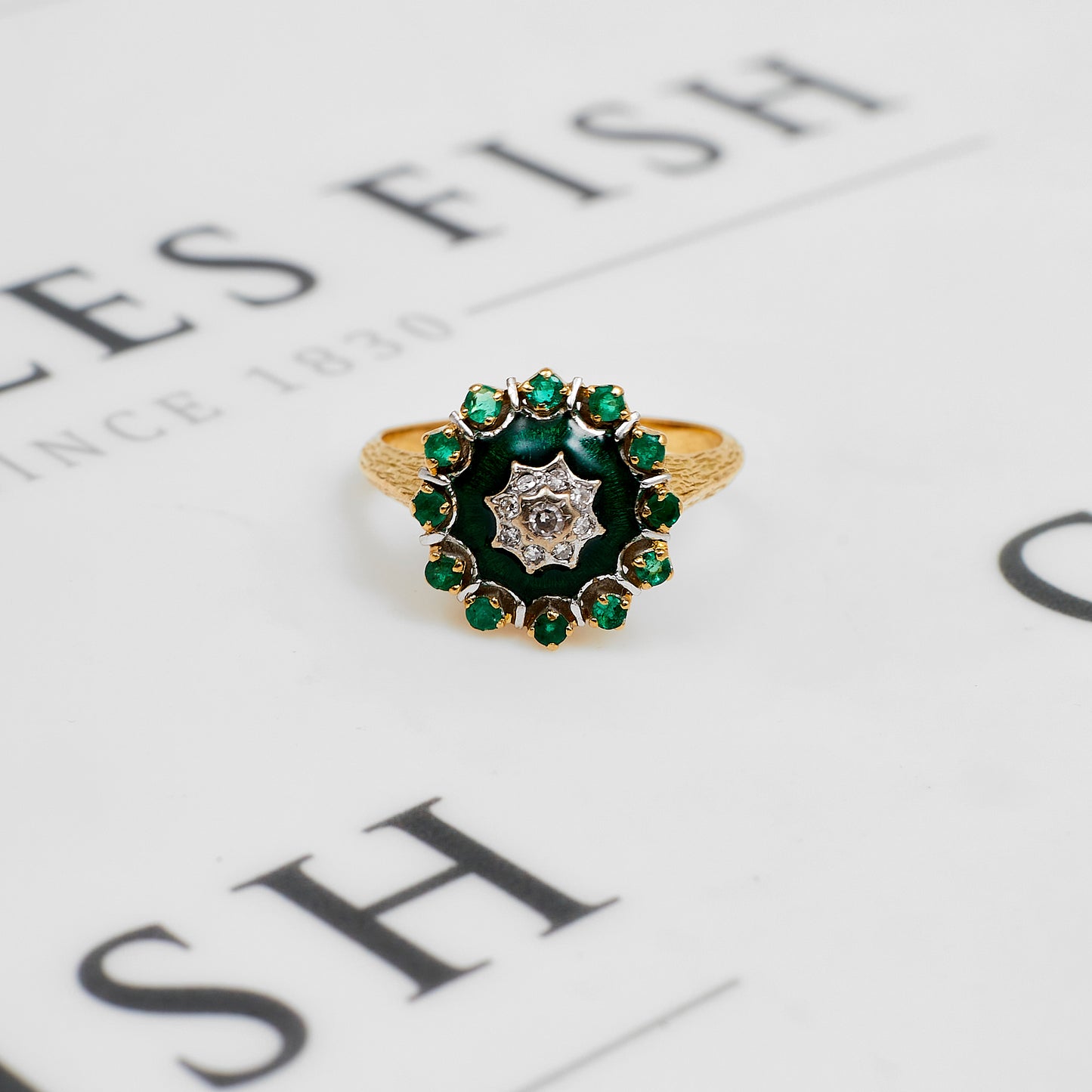 Pre-Owned 18ct Gold Mens Diamond Emerald & Green Enamel Ring