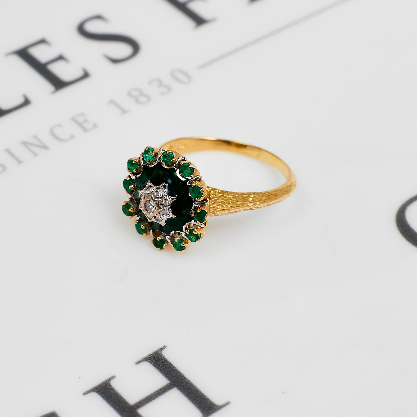 Pre-Owned 18ct Gold Mens Diamond Emerald & Green Enamel Ring