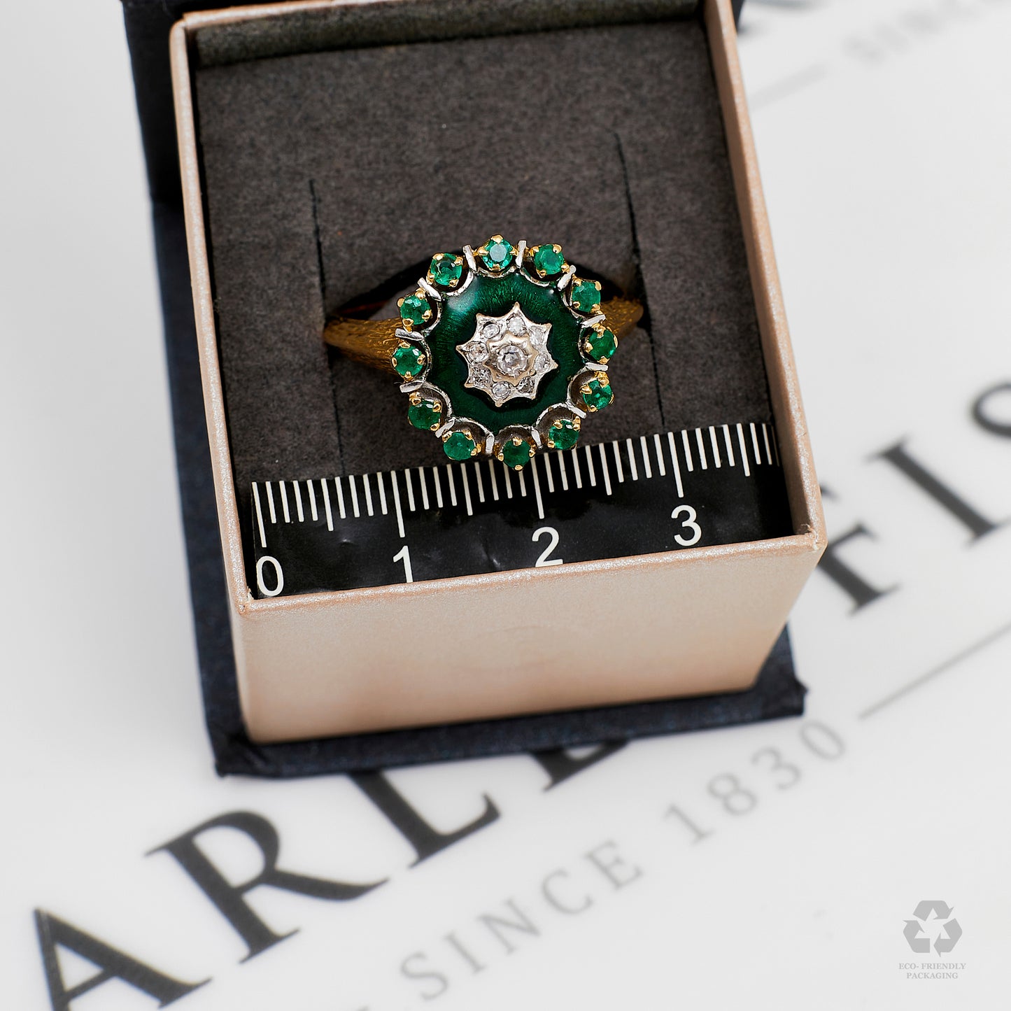 Pre-Owned 18ct Gold Mens Diamond Emerald & Green Enamel Ring