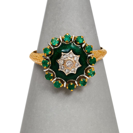 Pre-Owned 18ct Gold Mens Diamond Emerald & Green Enamel Ring 