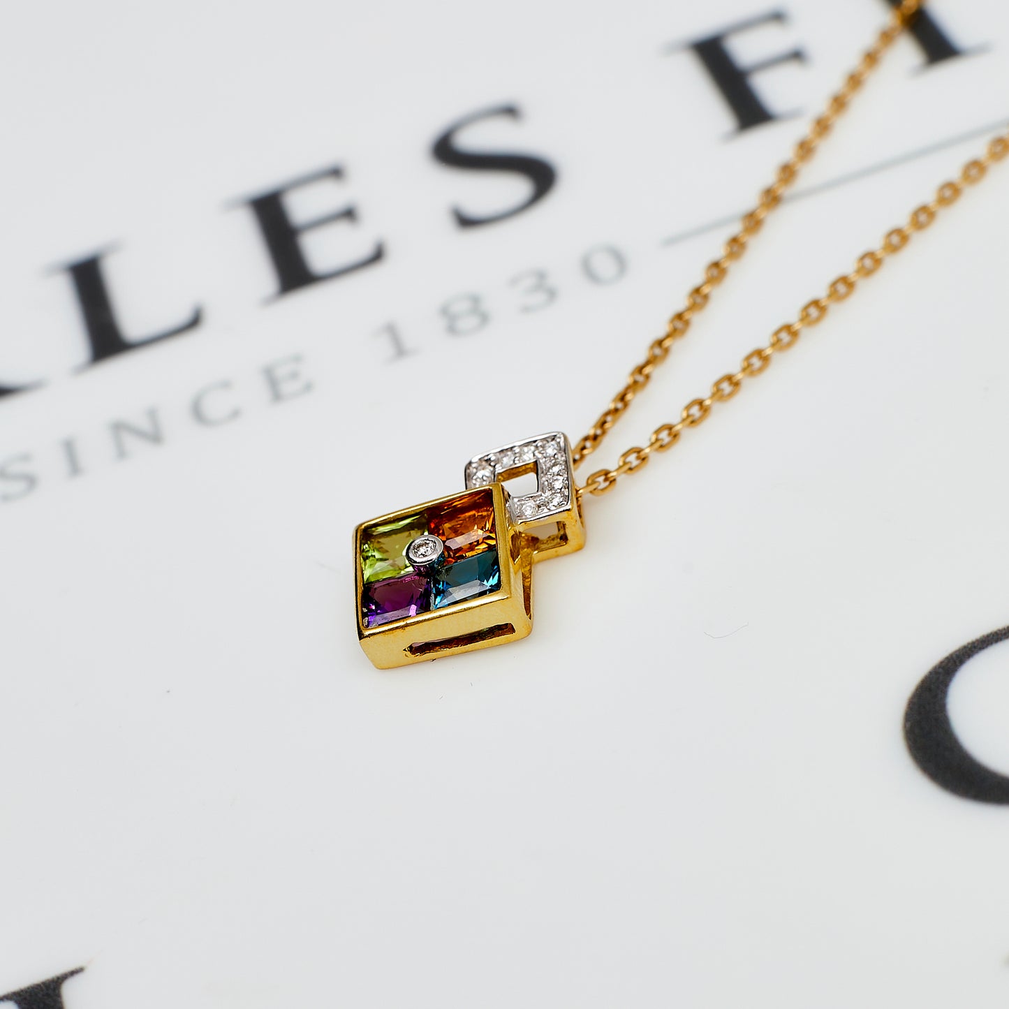 Pre-Owned 18ct Gold Multi Gemstone Rhombus Shaped Pendant