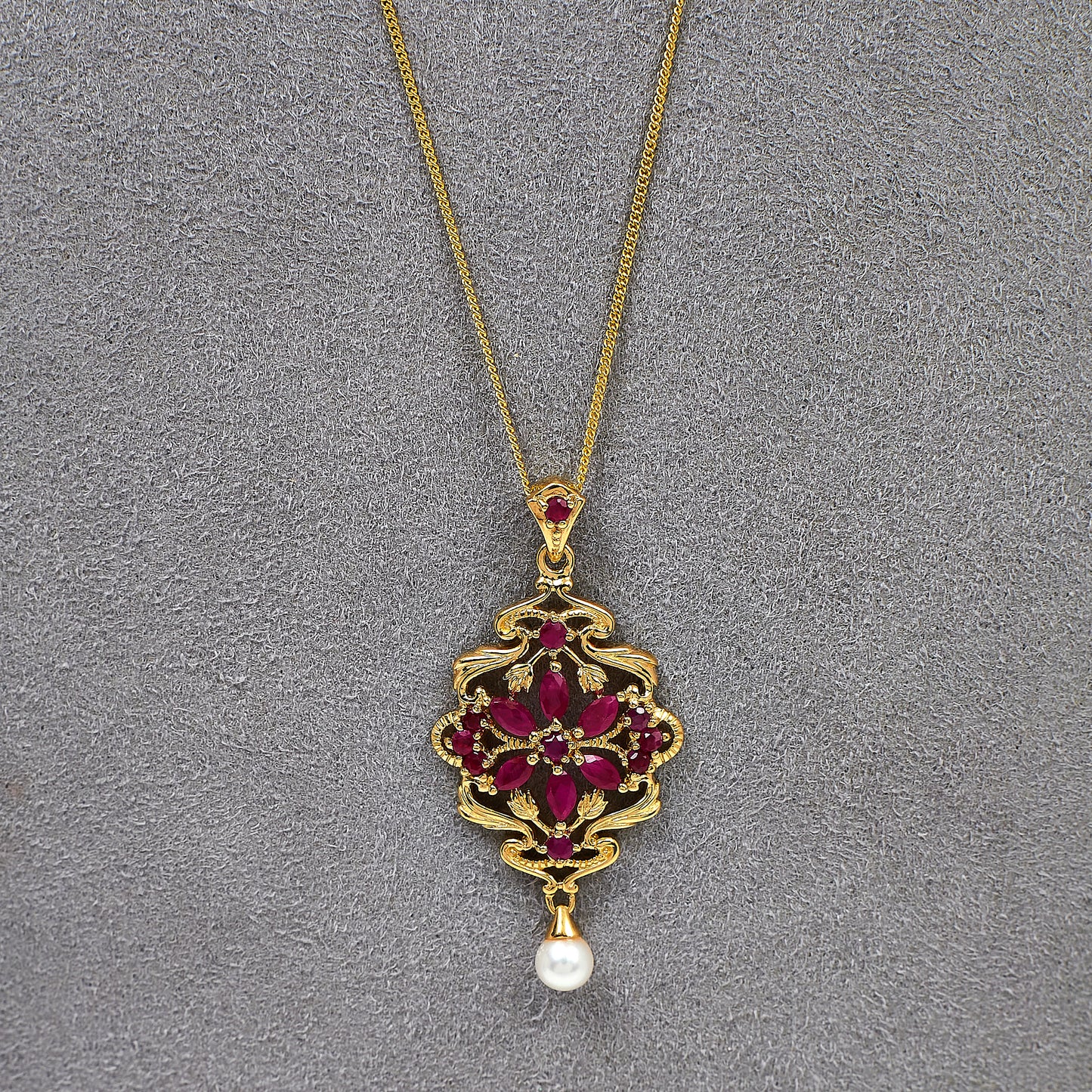 Pre-Owned 9ct Glass Filled Ruby & Cultured Pearl Necklace