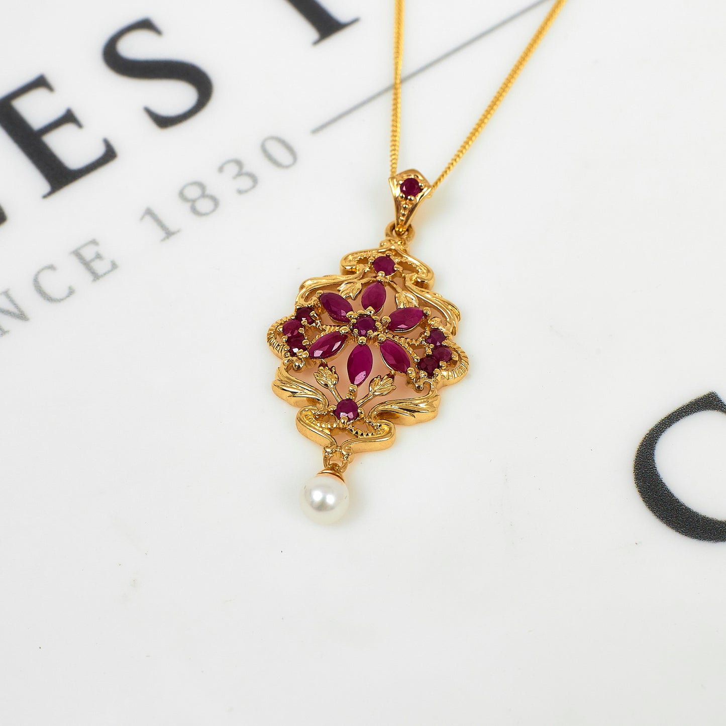Pre-Owned 9ct Glass Filled Ruby & Cultured Pearl Necklace