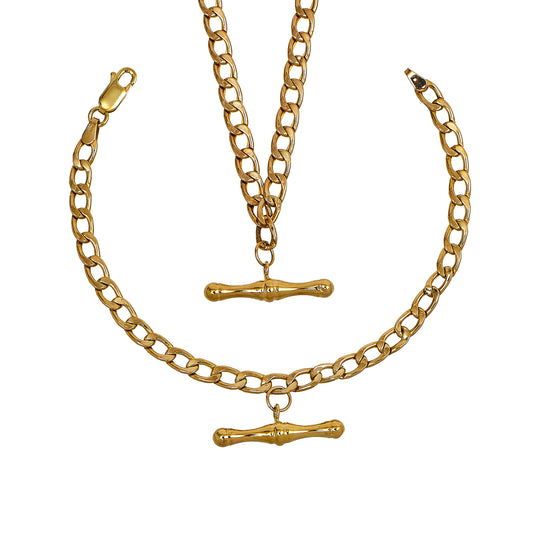 Pre-Owned 9ct Gold Curb Necklace & Bracelet With T Bars SET