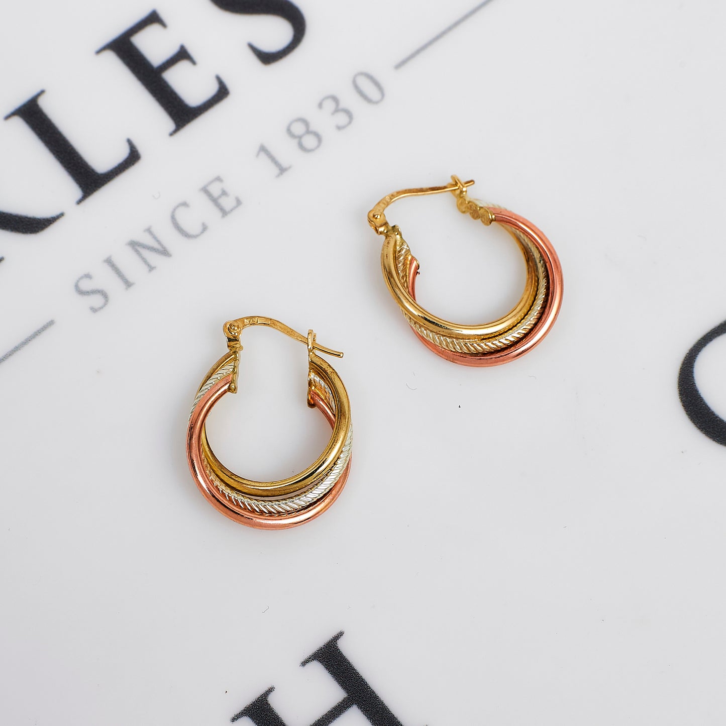 Pre-Owned 9ct Gold Tricolour 3 Hoop Creole Earrings