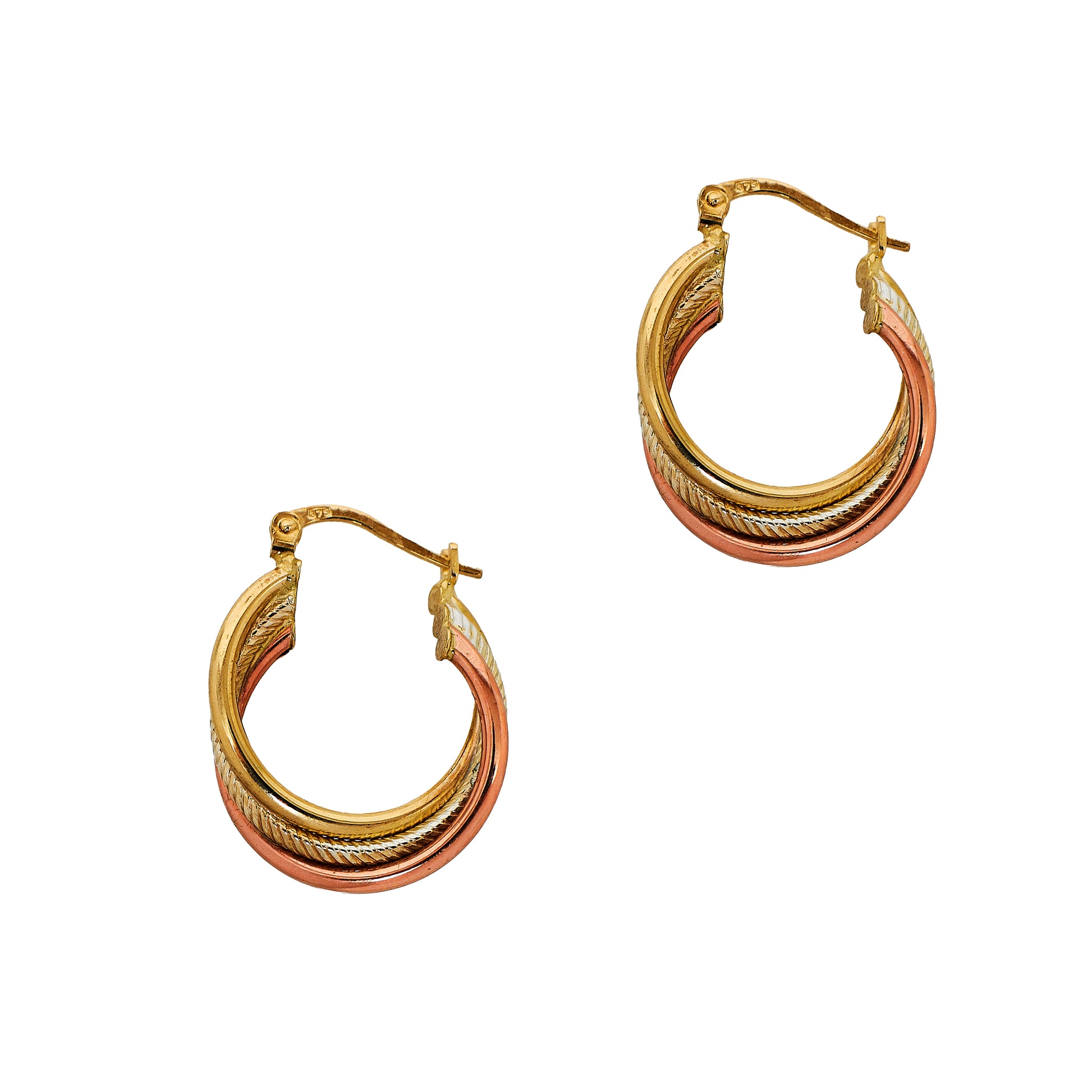 Pre-Owned 9ct Gold Tricolour 3 Hoop Creole Earrings