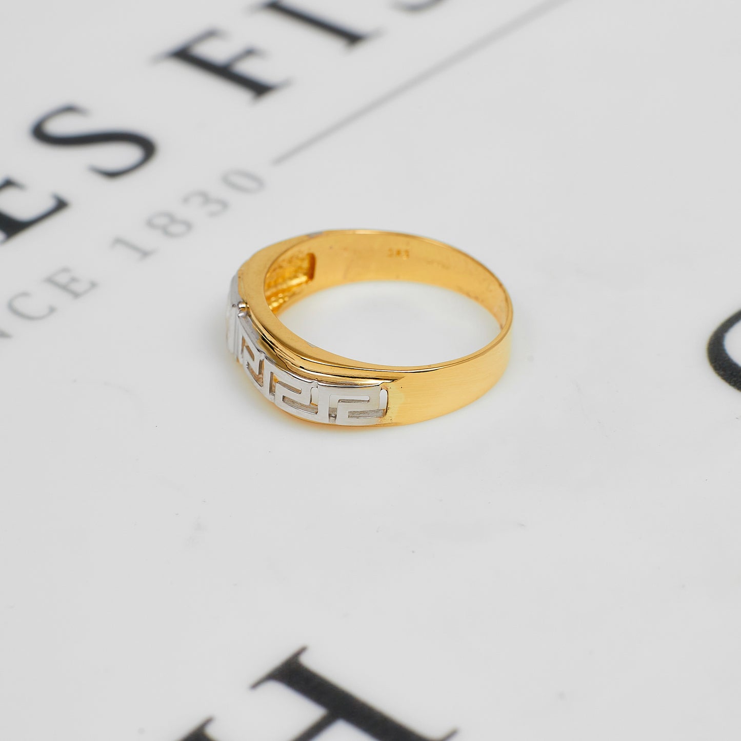 Pre-Owned 14ct Gold Square CZ Greek Key Design Band Ring