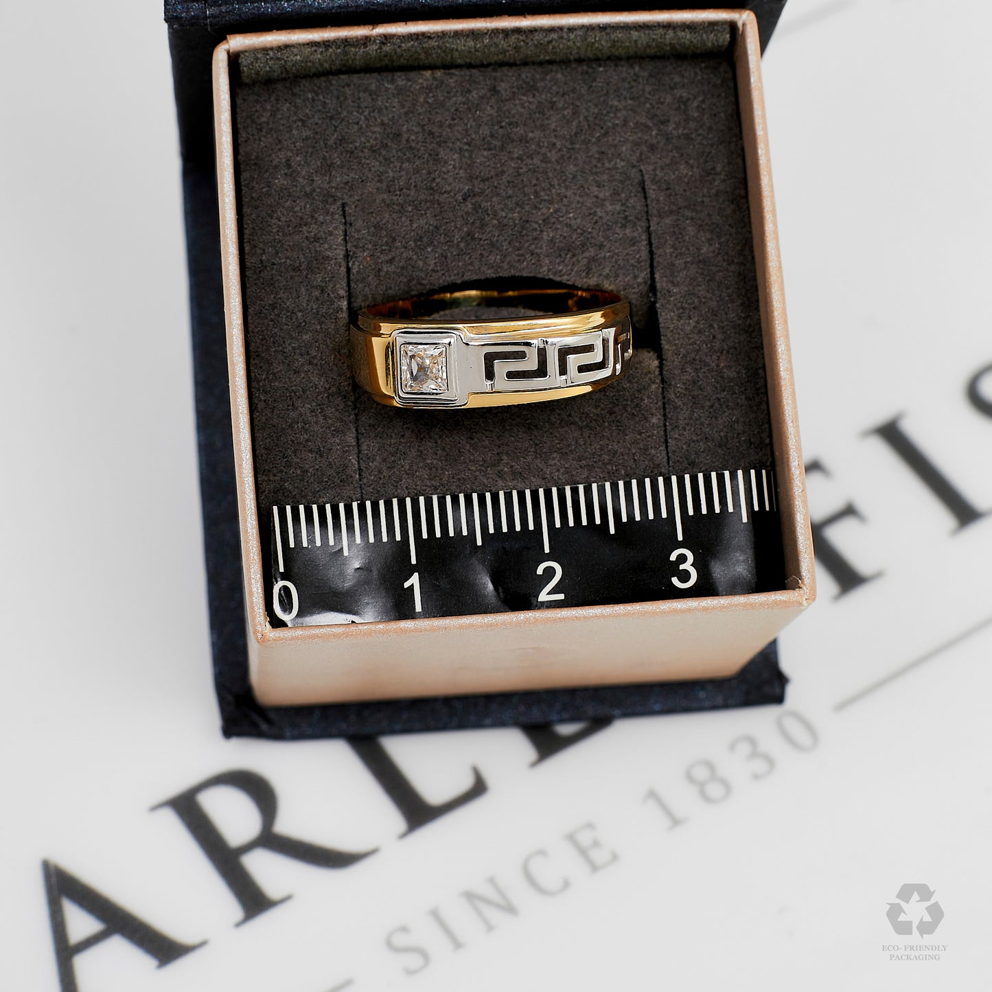 Pre-Owned 14ct Gold Square CZ Greek Key Design Band Ring