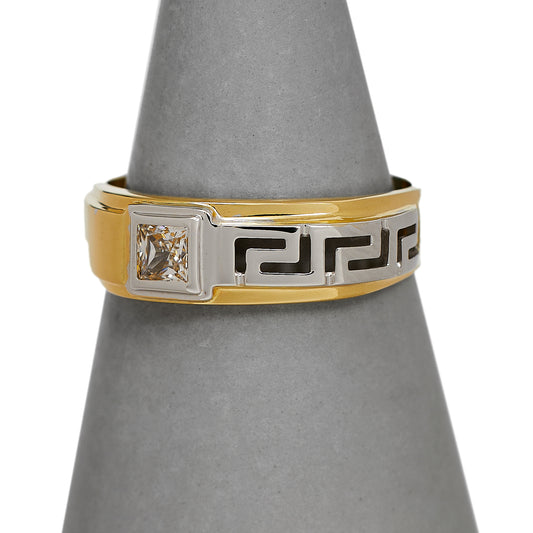 Pre-Owned 14ct Gold Square CZ Greek Key Design Band Ring 