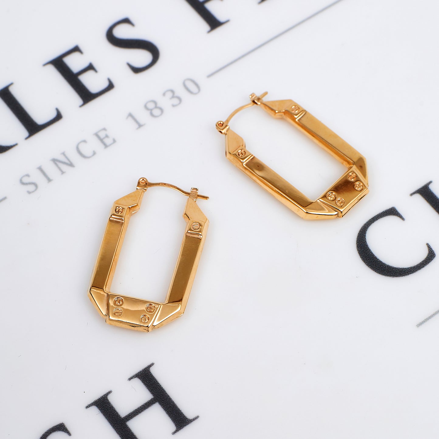 Pre-Owned 9ct Gold Rectangular Screw Detail Creole Earrings
