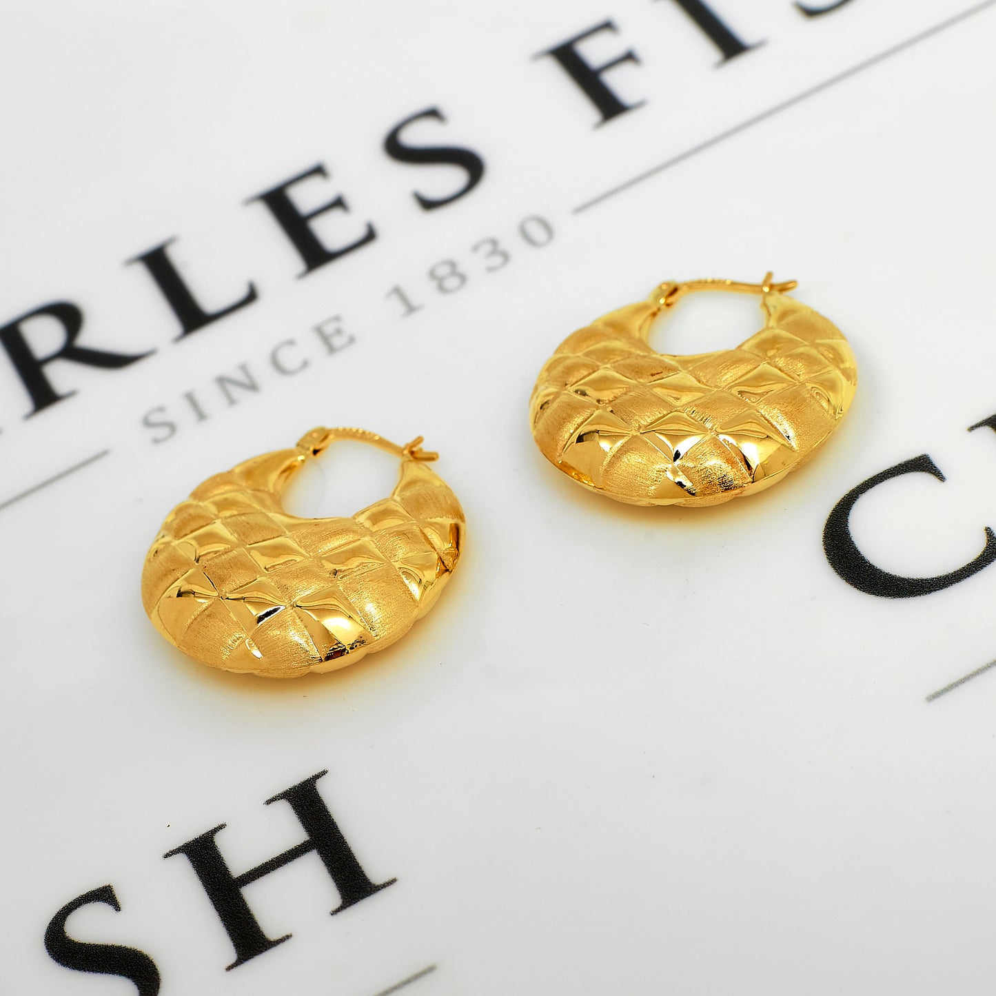 Pre-Owned 14ct Gold Quilted Design Creole Hoop Earrings