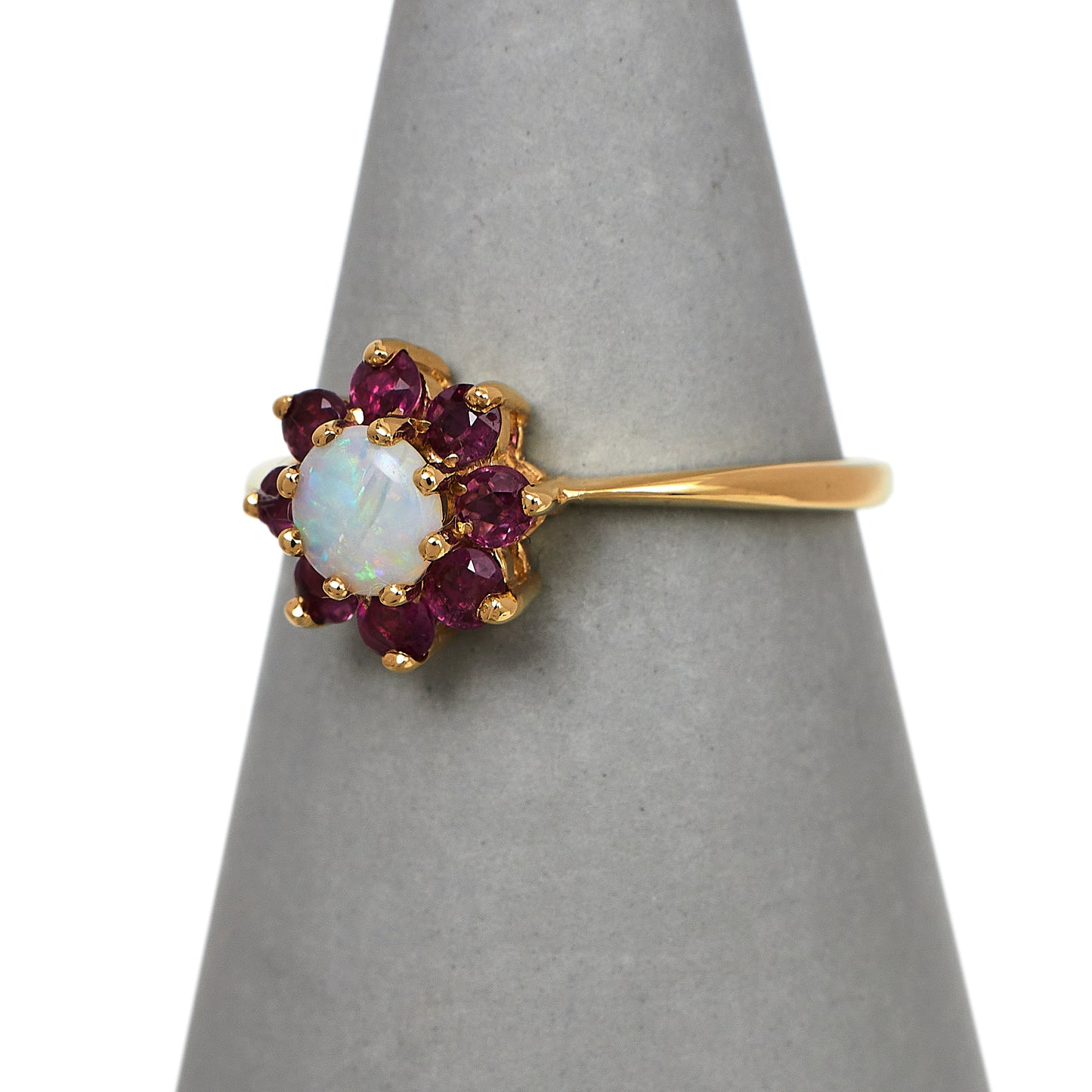 Pre-Owned 9ct Gold Opal & 7 Ruby Cluster Ring Size M