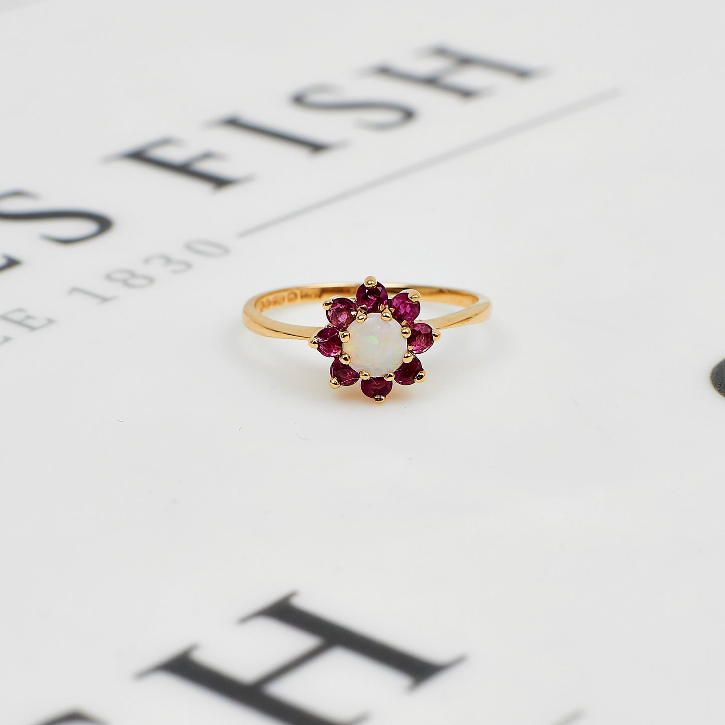 Pre-Owned 9ct Gold Opal & 7 Ruby Cluster Ring Size M