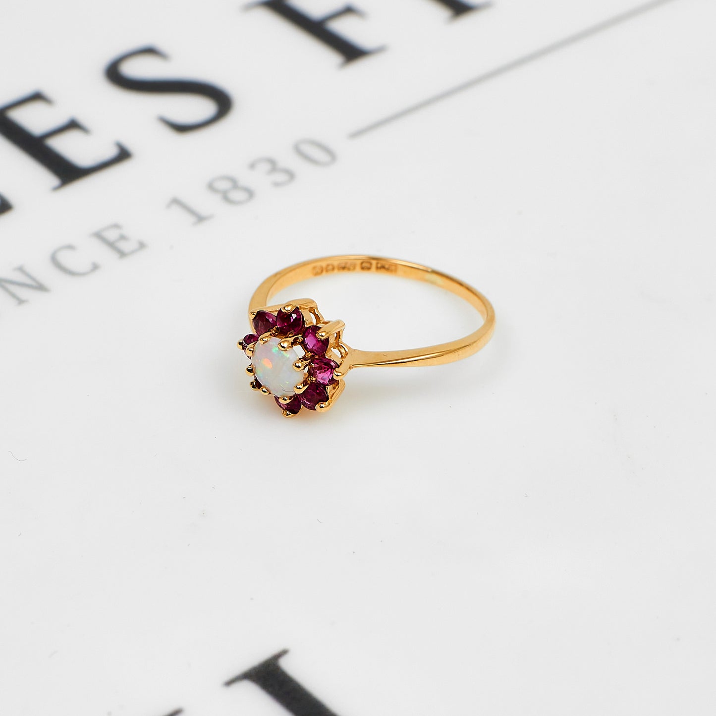 Pre-Owned 9ct Gold Opal & 7 Ruby Cluster Ring Size M