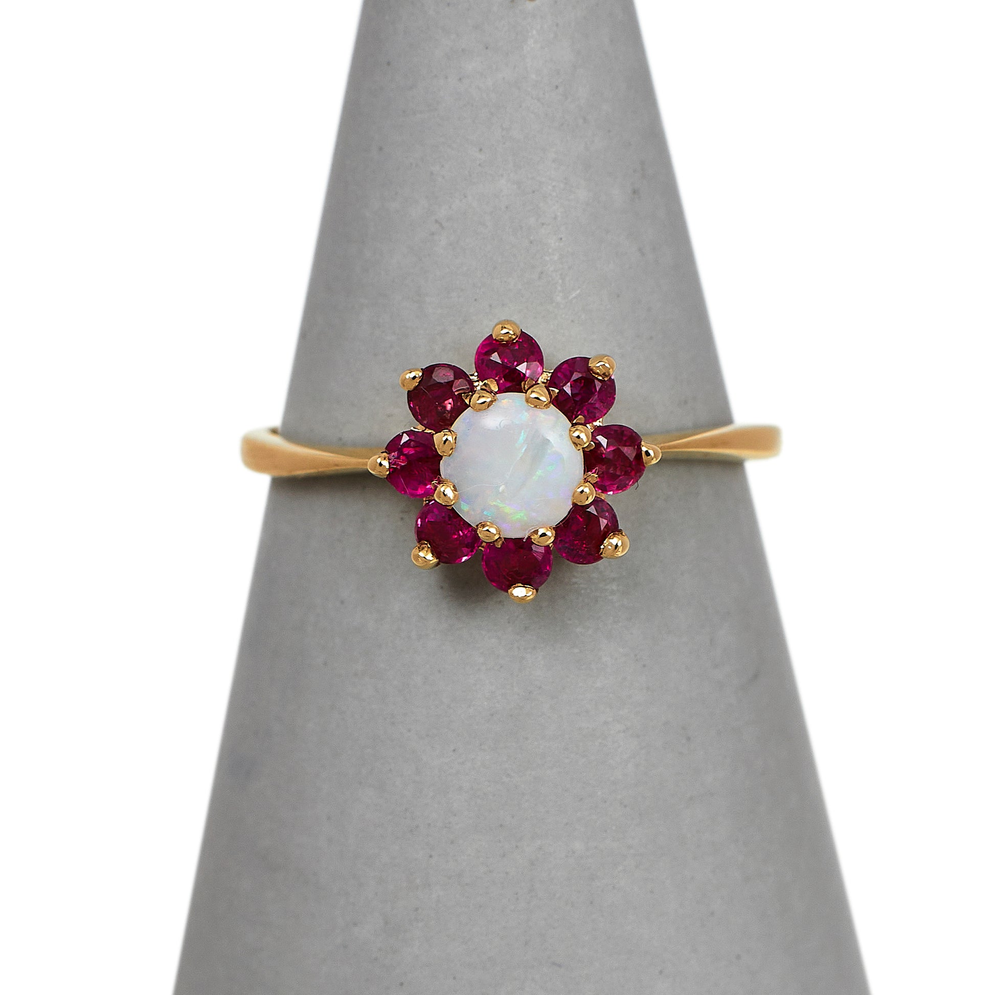 Pre-Owned 9ct Gold Opal & 7 Ruby Cluster Ring Size M