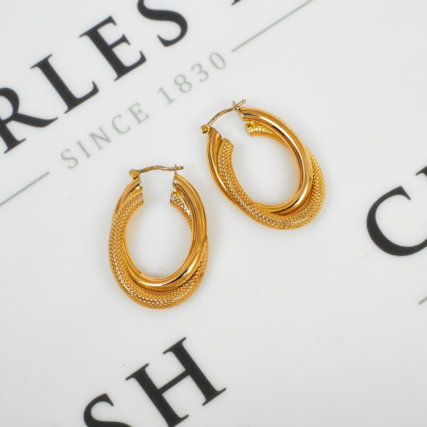 Pre-Owned 9ct Gold Guilloche & Smooth Creole Hoop Earrings