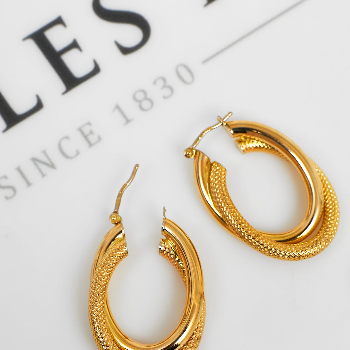 Pre-Owned 9ct Gold Guilloche & Smooth Creole Hoop Earrings