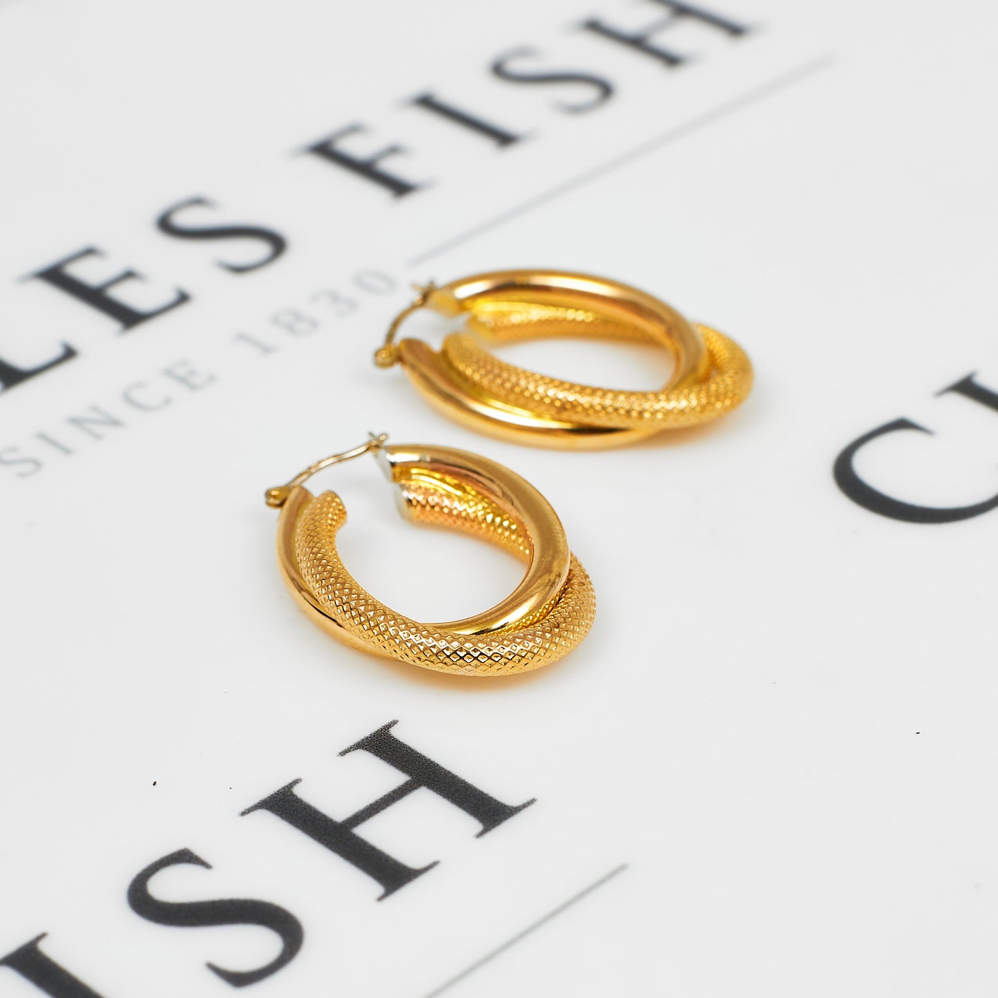 Pre-Owned 9ct Gold Guilloche & Smooth Creole Hoop Earrings