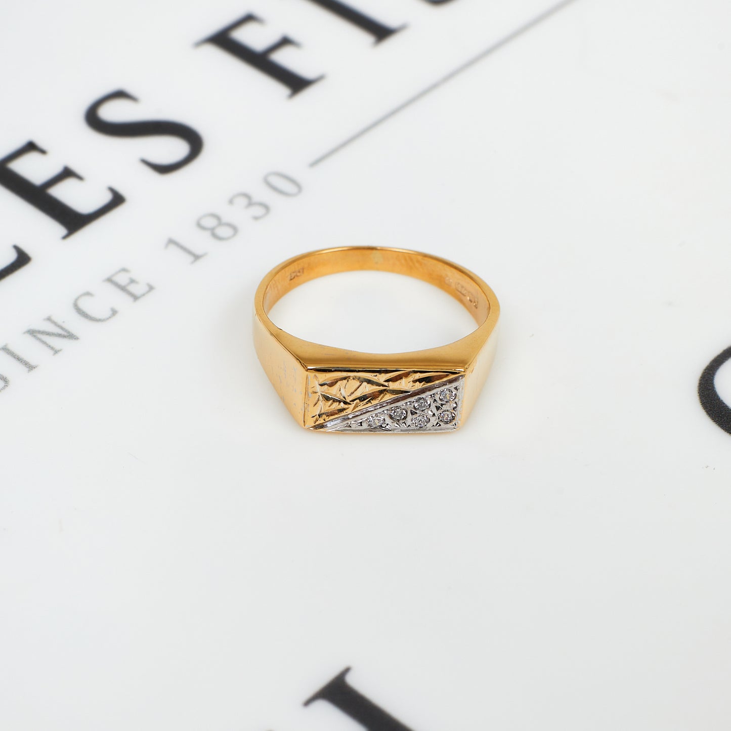 Pre-Owned 9ct Gold Half CZ Signet Ring Size T