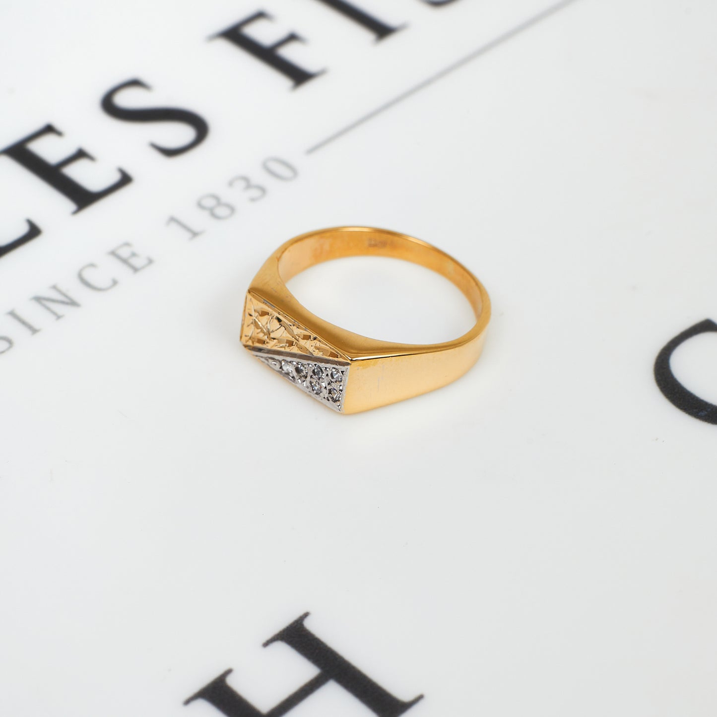 Pre-Owned 9ct Gold Half CZ Signet Ring Size T