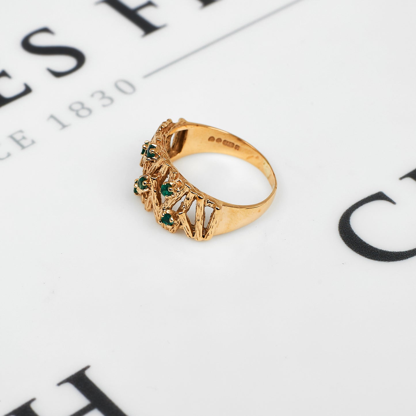 Pre-Owned 9ct Gold 6 Emerald Bark Design Ring Size O
