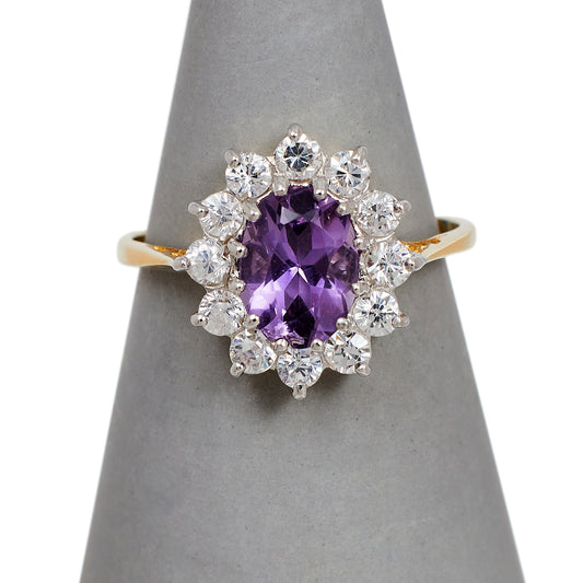 Pre-Owned 9ct Gold Oval Amethyst & CZ Cluster Ring Size M